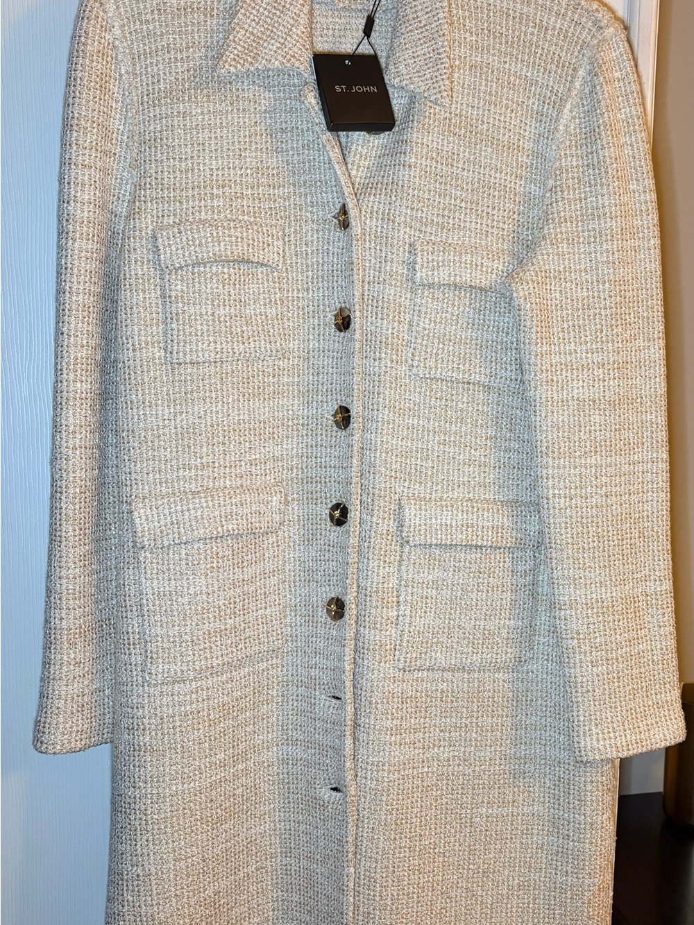 St. John Cream Bouclé Button-Front Trench Coat Dress